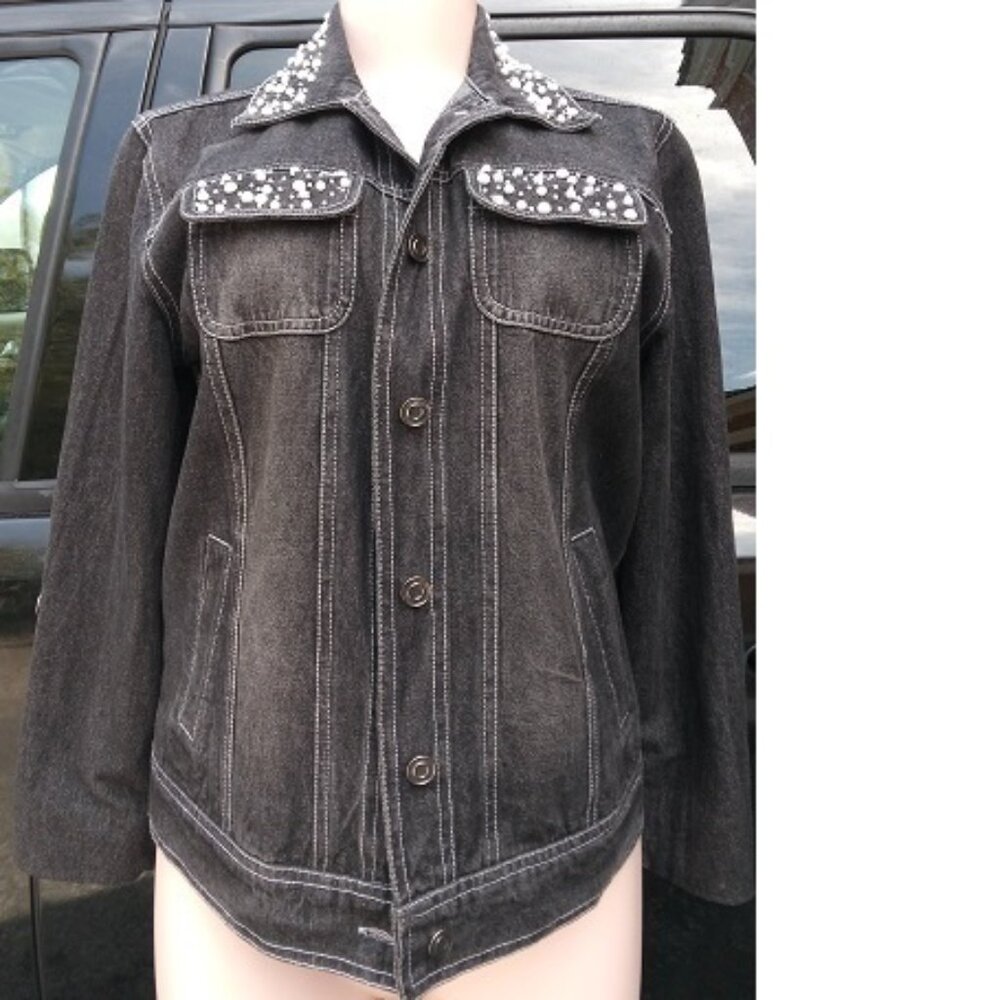 FRAZZLE Women Black Denim Jean Jacket Beaded, Pearl & Rhinestone Sz S
